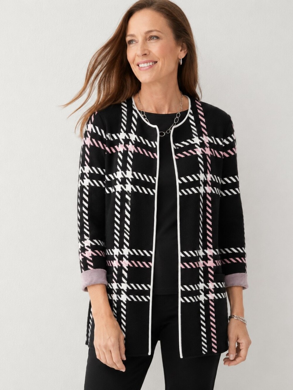 TALBOTS Black Plaid Knit Sweater Coat Snap Front | MP NWOT